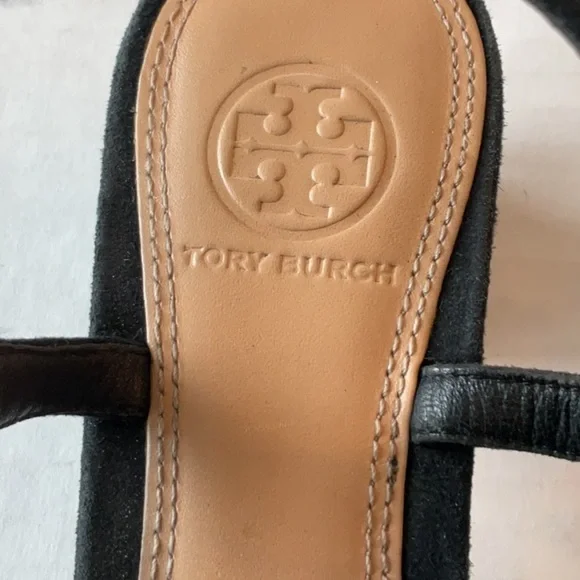 Tory Burch black suede sandal w/ rhinestone logo Size 8 - Picture 3 of 13